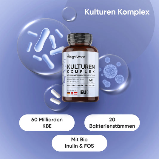 Kulturen-Komplex-Kapseln: braune Dose mit WeightWorld-Label und Produktgrafik