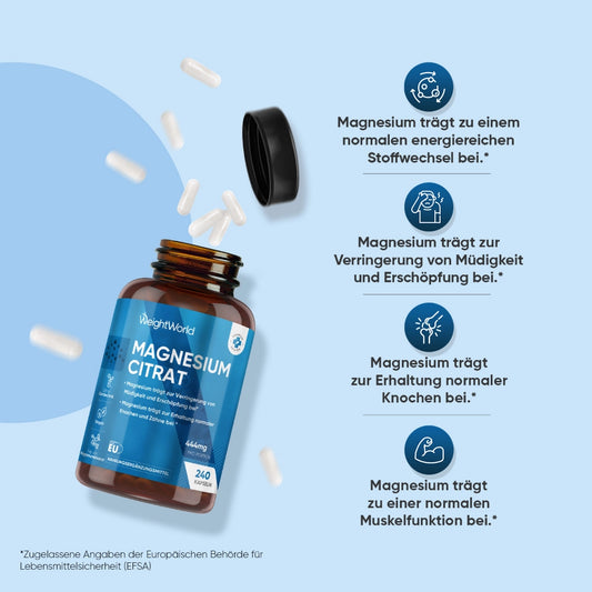 Magnesiumcitrat-Kapseln: Kapselglas von WeightWorld mit verstreuten weißen Kapseln