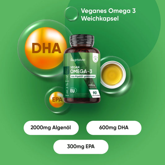 Omega-3-Vegan-Weichkapseln Flasche mit grüner Vorderseite und DHA/EPA-Symbolen