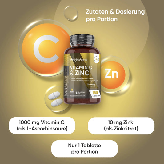 Vitamin C- & Zink-Tabletten in Flasche mit Symbolen für C und Zn