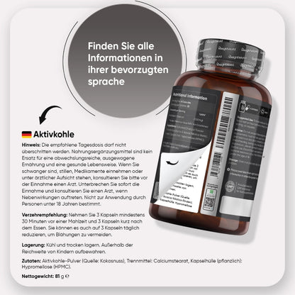 Aktivkohle-Kapseln Flasche WeightWorld, Rückseitenetikett mit Informationen