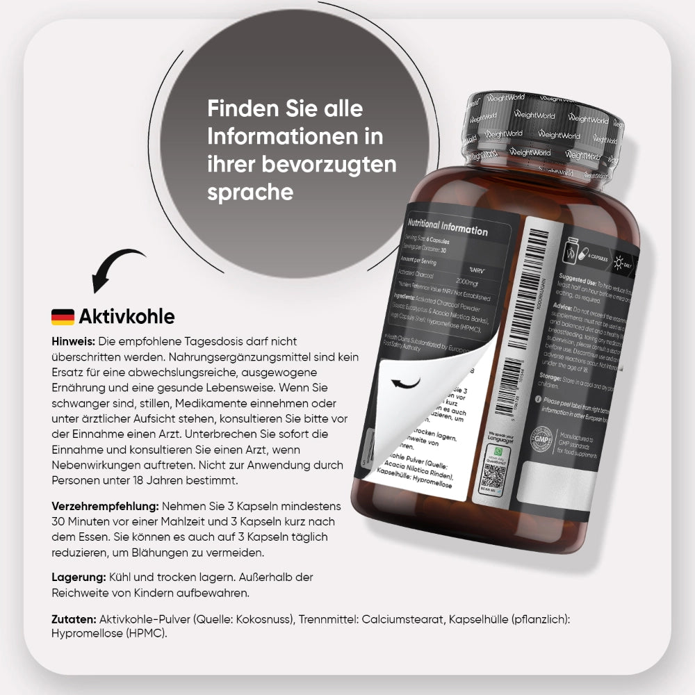 Informationen zu Hochdosierte Aktivkohle Kapeln in europäischen Sprachen