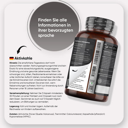 Informationen zu Hochdosierte Aktivkohle Kapeln in europäischen Sprachen
