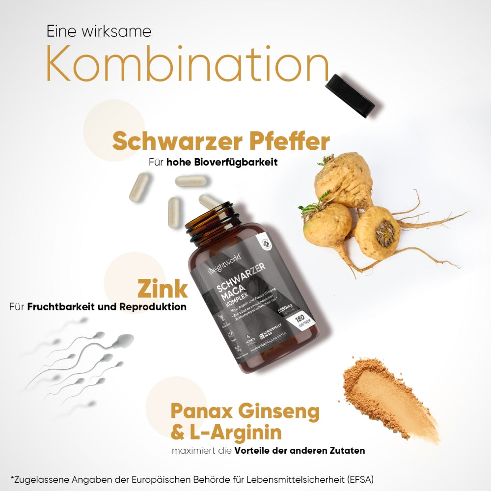 Maca Komplex Kapseln, eine Kombination aus schwarzem Pfeffer, Zink, Panax Ginseng und L-Arginin