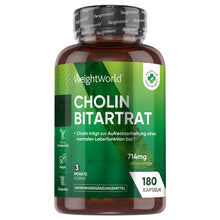 WeightWorld Cholinbitartrat-Kapseln, 180 Kapseln, grüne Flasche mit Vorderetikett
