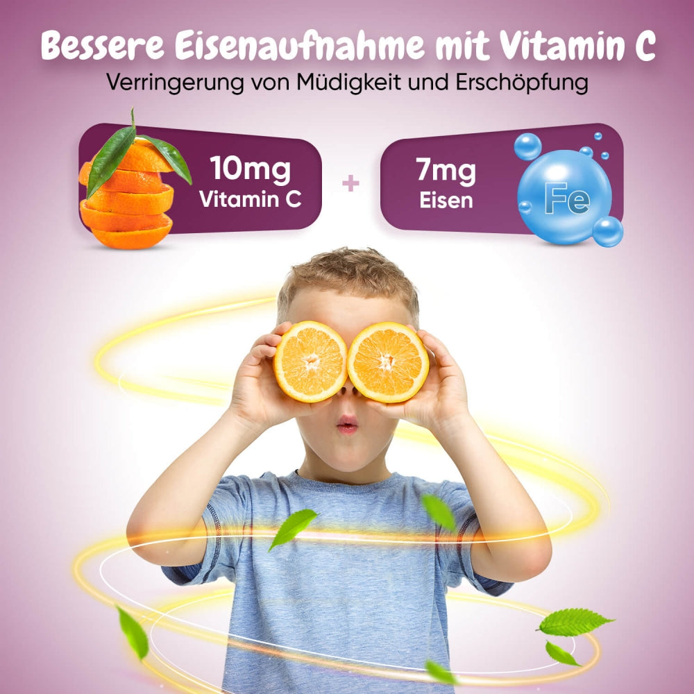 Eisen Gummibärchen für Kinder mit Vitamin C und  Minderung von Müdigkeit und Erschöpfung