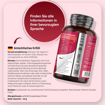 Rückseite der Krillöl-Kapseln-Flasche mit Anwendungshinweisen und Zutaten