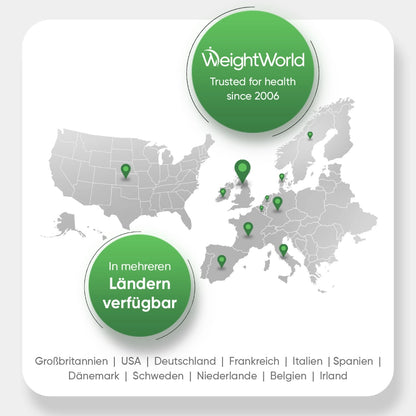 Krillöl-Kapseln mit WeightWorld-Logo und Karte zur Verfügbarkeit in Ländern