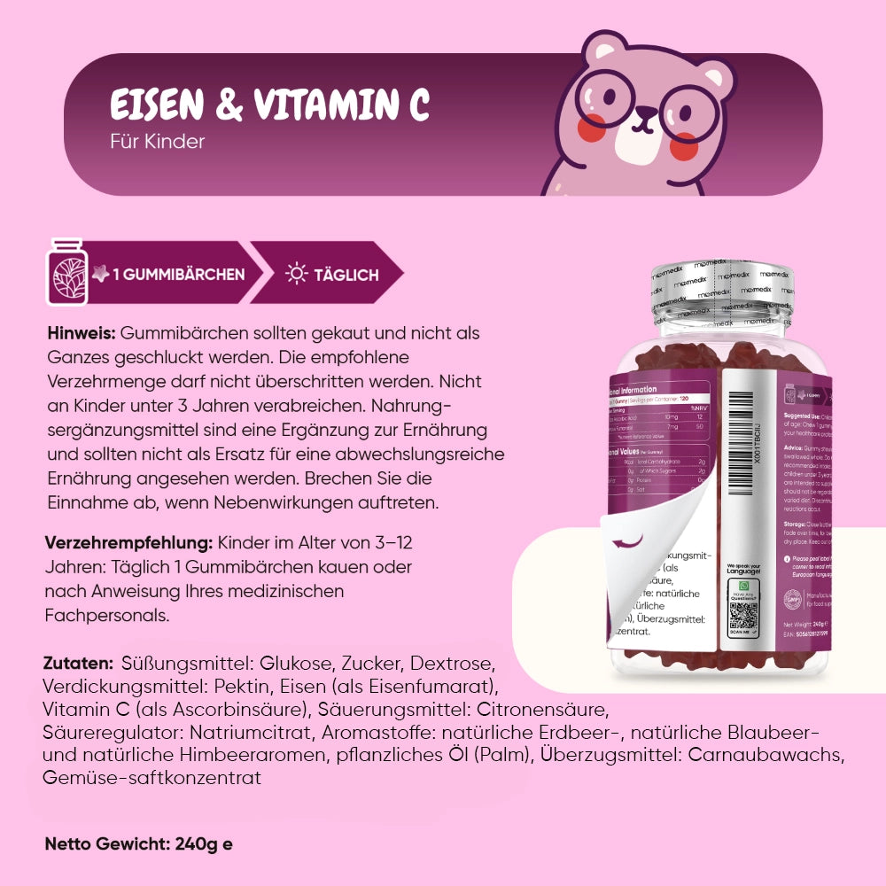 Eisen und Vitamin C Gummibärchen für Kinder
