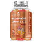 Kinder-Multivitamin- & Omega-6-9-Gummibärchen in Glasflasche mit Deckel, Ansicht der Etikettseite