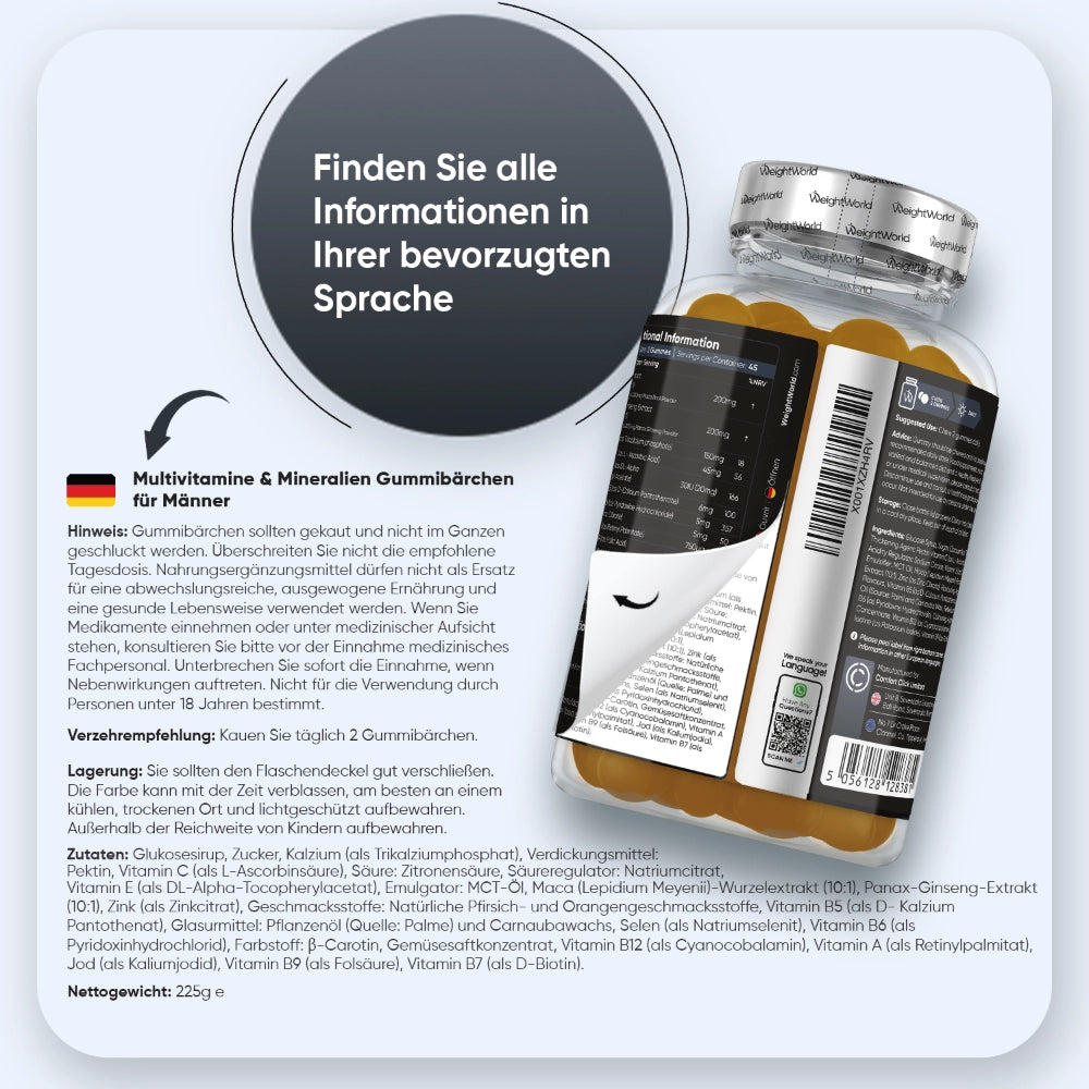 Rückseite der WeightWorld Multivitamine- & Mineralien-Gummibärchen für Männer, Flasche