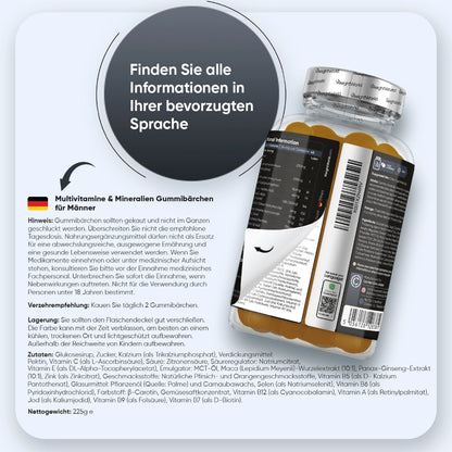Rückseite der WeightWorld Multivitamine- & Mineralien-Gummibärchen für Männer, Flasche