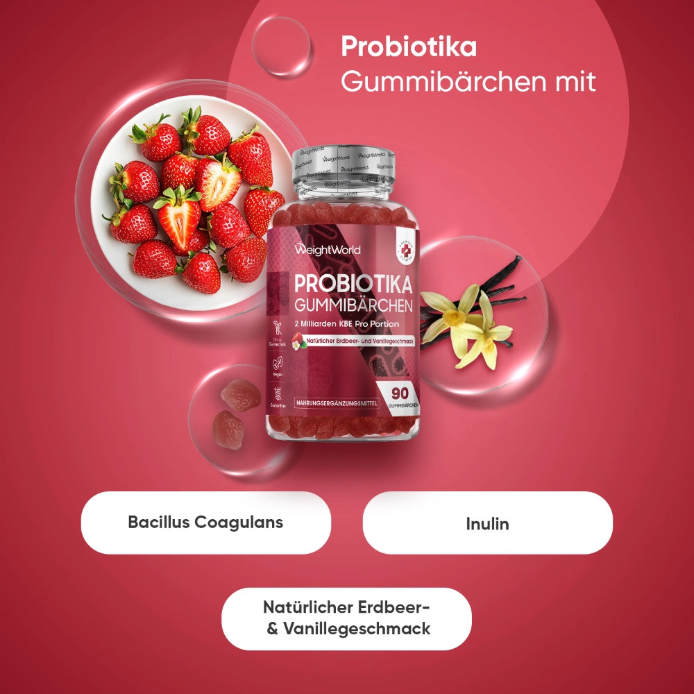 Probiotika-Gummibärchen im Glas, Erdbeer-Vanillegeschmack mit Beeren-Abbildung