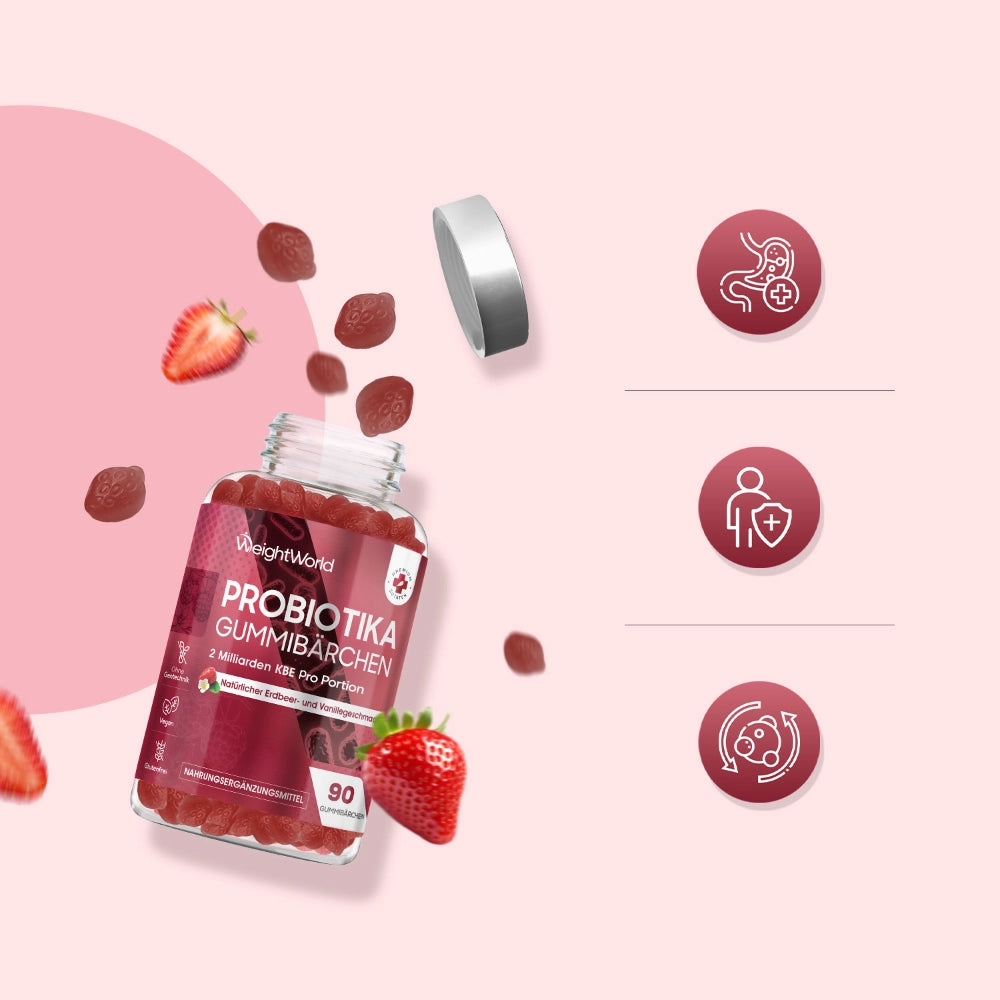 Probiotika-Gummibärchen im Glas mit Schraubdeckel, daneben Erdbeeren und Gummies