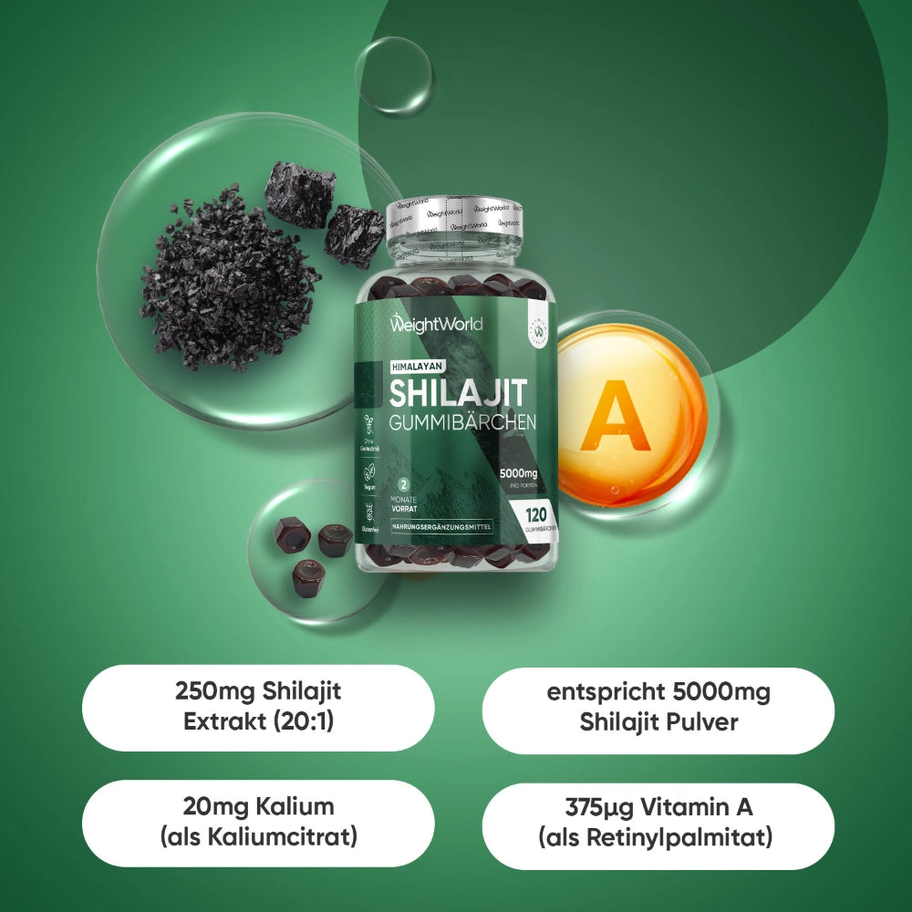 Shilajit-Gummibärchen-Dose mit Angaben zu 5000mg Shilajit und Vitamin-A-Icon