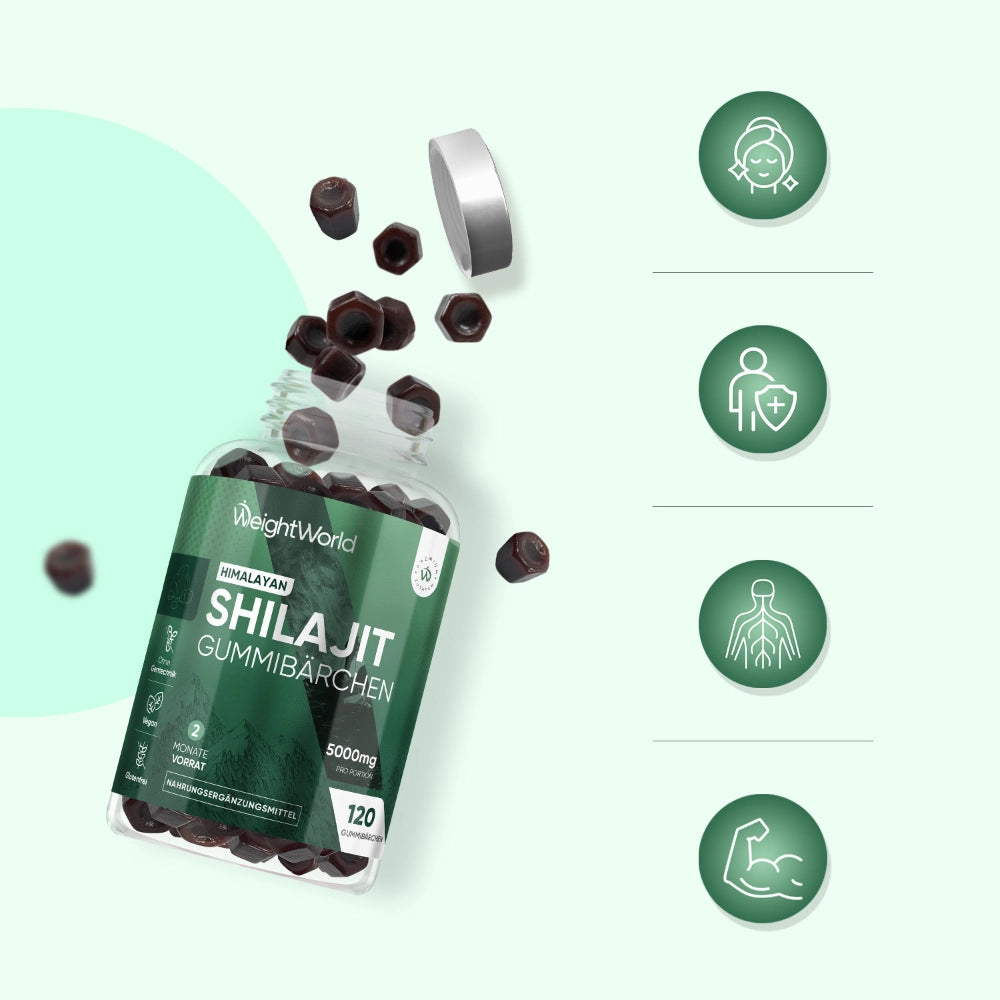 Shilajit-Gummibärchen-Packung schräg mit Güte-Icons rechts