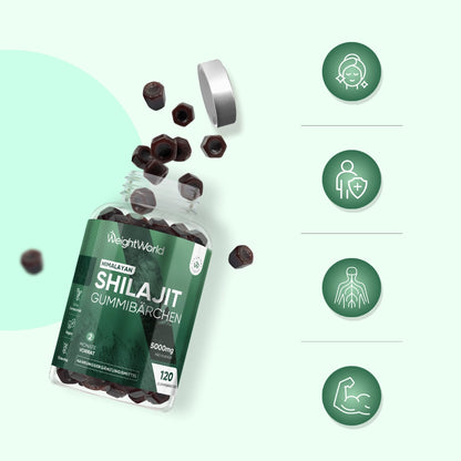 Shilajit-Gummibärchen-Packung schräg mit Güte-Icons rechts