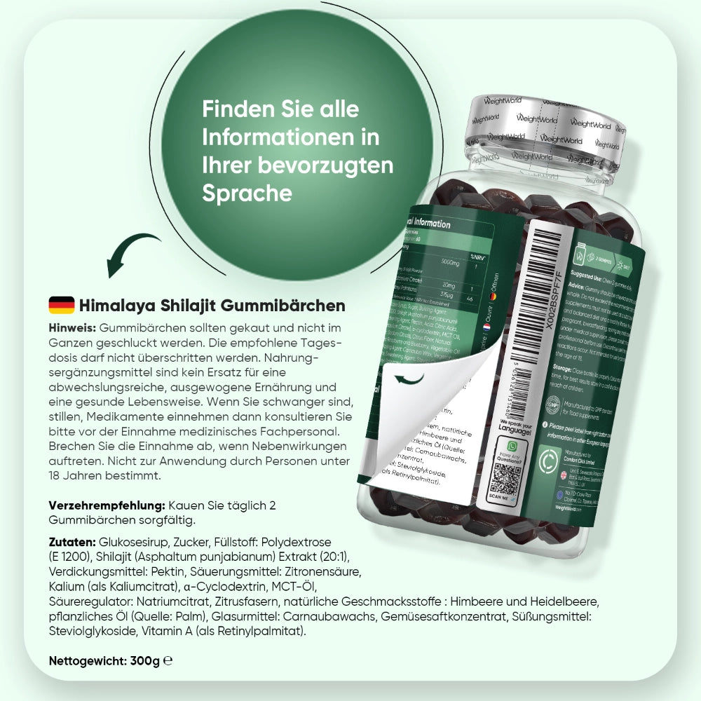 Informations- und Zutatenhinweise auf der Packung neben Shilajit-Gummibärchen-Dose