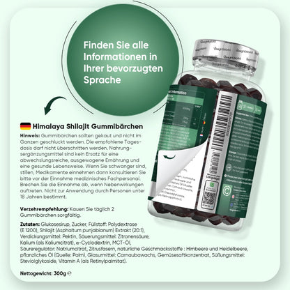 Informations- und Zutatenhinweise auf der Packung neben Shilajit-Gummibärchen-Dose