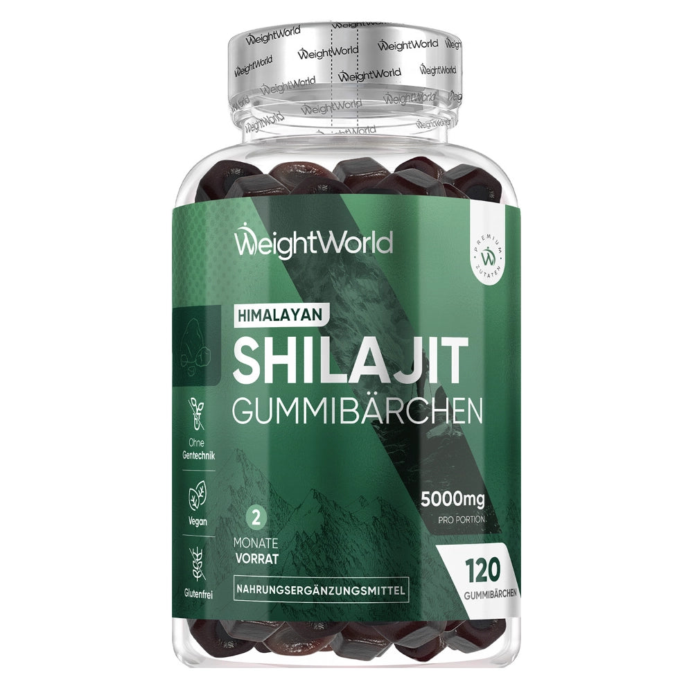Shilajit-Gummibärchen in durchsichtiger Dose mit grünem Etikett und 120 Stück