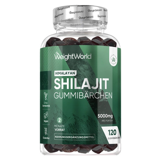 Shilajit-Gummibärchen in durchsichtiger Dose mit grünem Etikett und 120 Stück