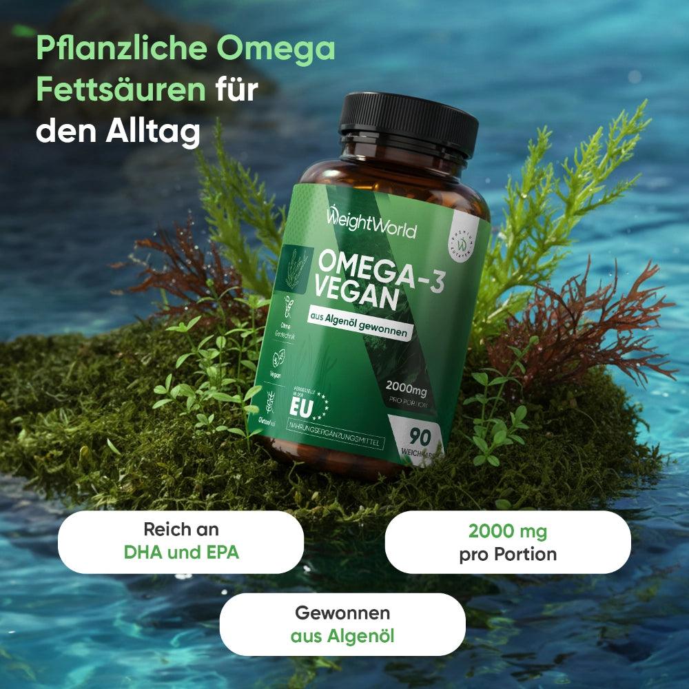 Omega-3 Vegan Kapseln in grüner Flasche, 2000 mg pro Portion, 90 Kapseln