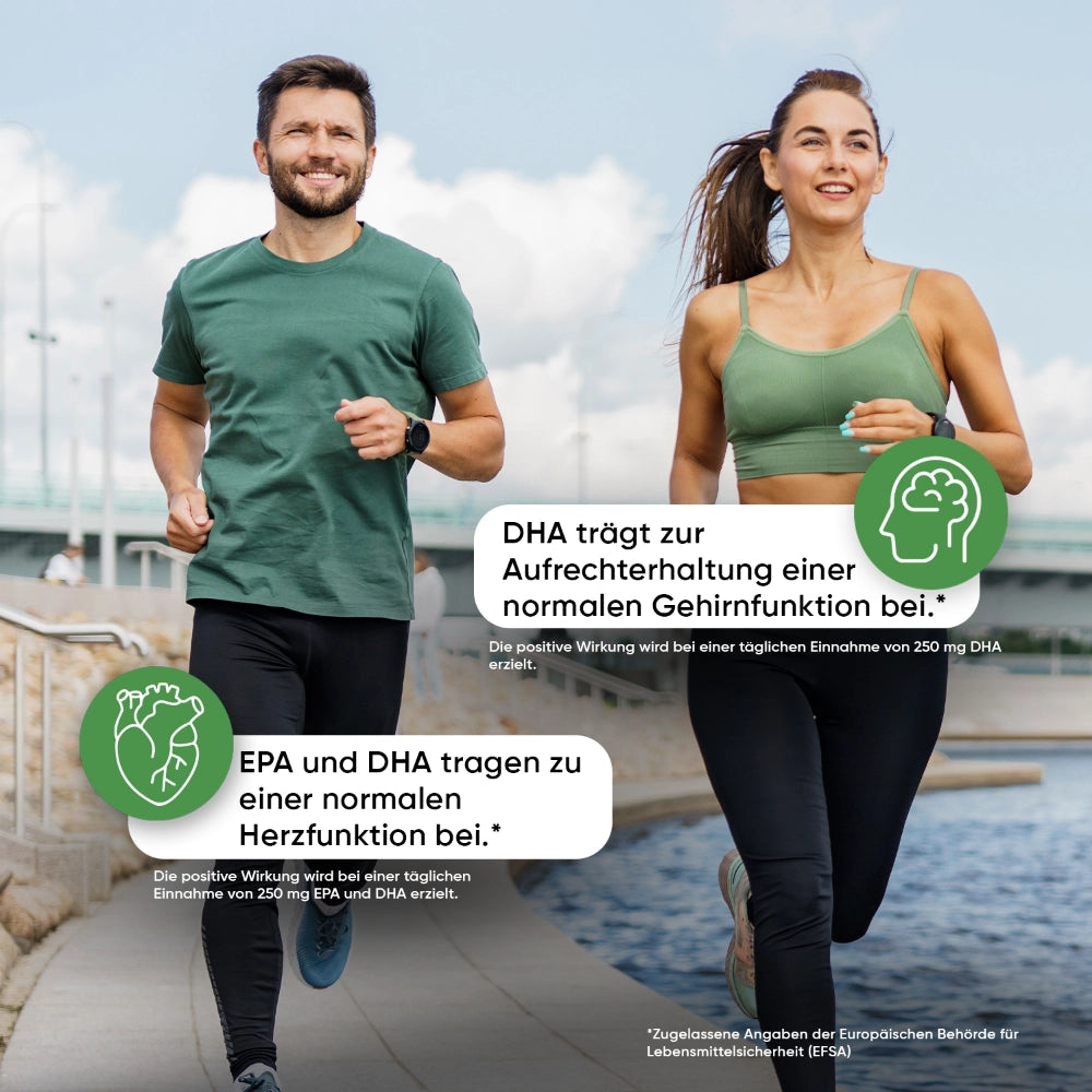 Omega-3 Vegan Kapseln: grüne Flasche mit Label im Vordergrund
