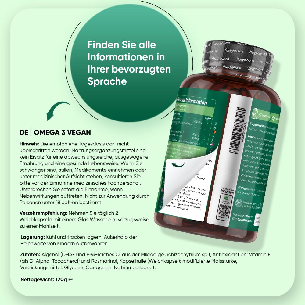 Packungsrückseite der Omega-3 Vegan Kapseln mit Hinweistext und Zutatenliste