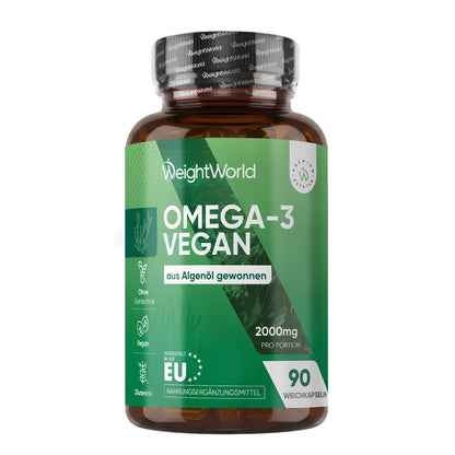 Vegane Omega-3 Kapseln in grüner Flasche von WeightWorld, 90 Kapseln
