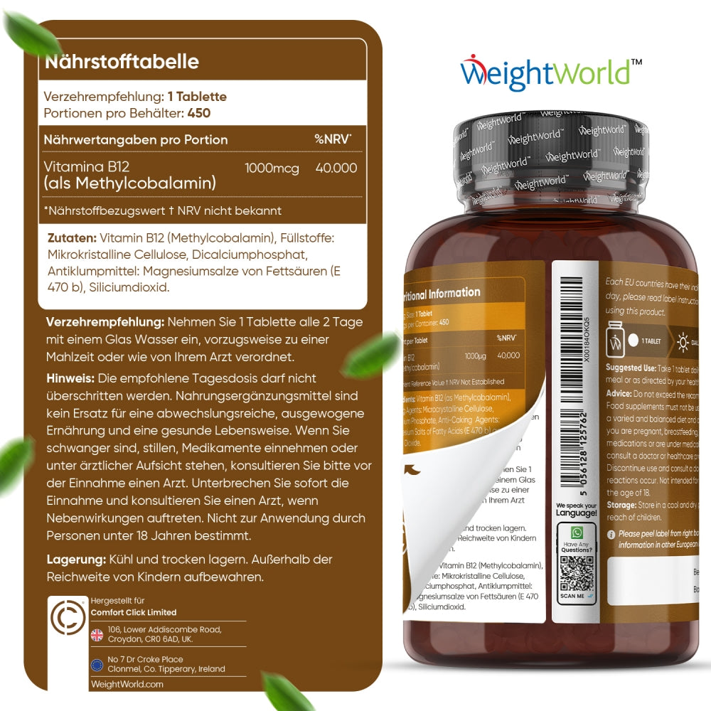Inhaltsstoffe und Verzehrempfehlung von Vitamin B12 1000 μg Tabletten