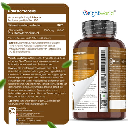 Inhaltsstoffe und Verzehrempfehlung von Vitamin B12 1000 μg Tabletten