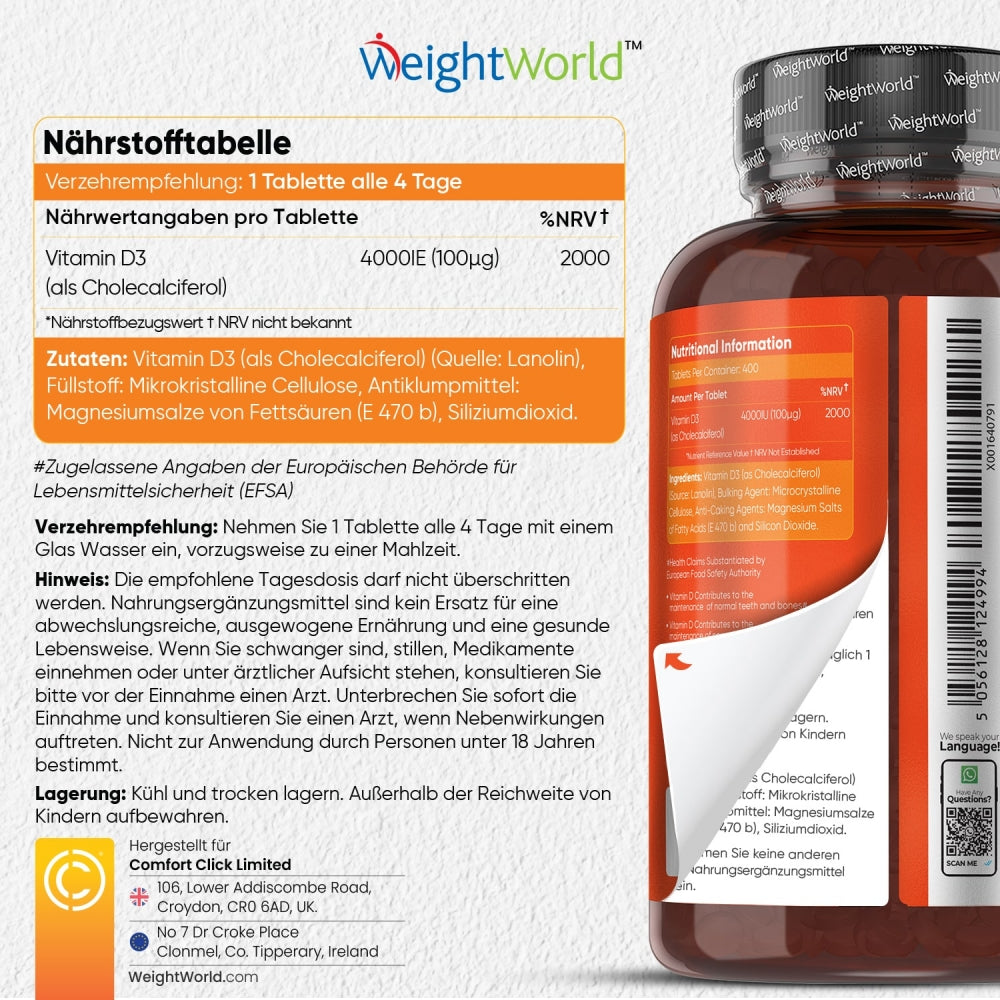 WeightWorld Vitamin-D3 Tabletten Nährstofftabelle