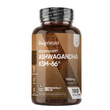 Braune WeightWorld Tablettenflasche mit Etikett für Ashwagandha-Extrakt KSM-66, 180 Tabletten.