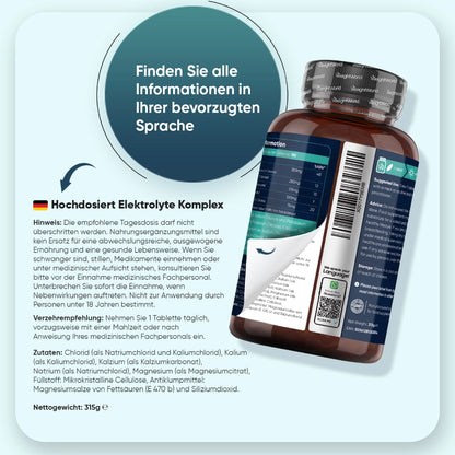 Info zur Elektrolyte-Komplex Nahrungsergänzung auf Produktetikett der Braunglasflasche