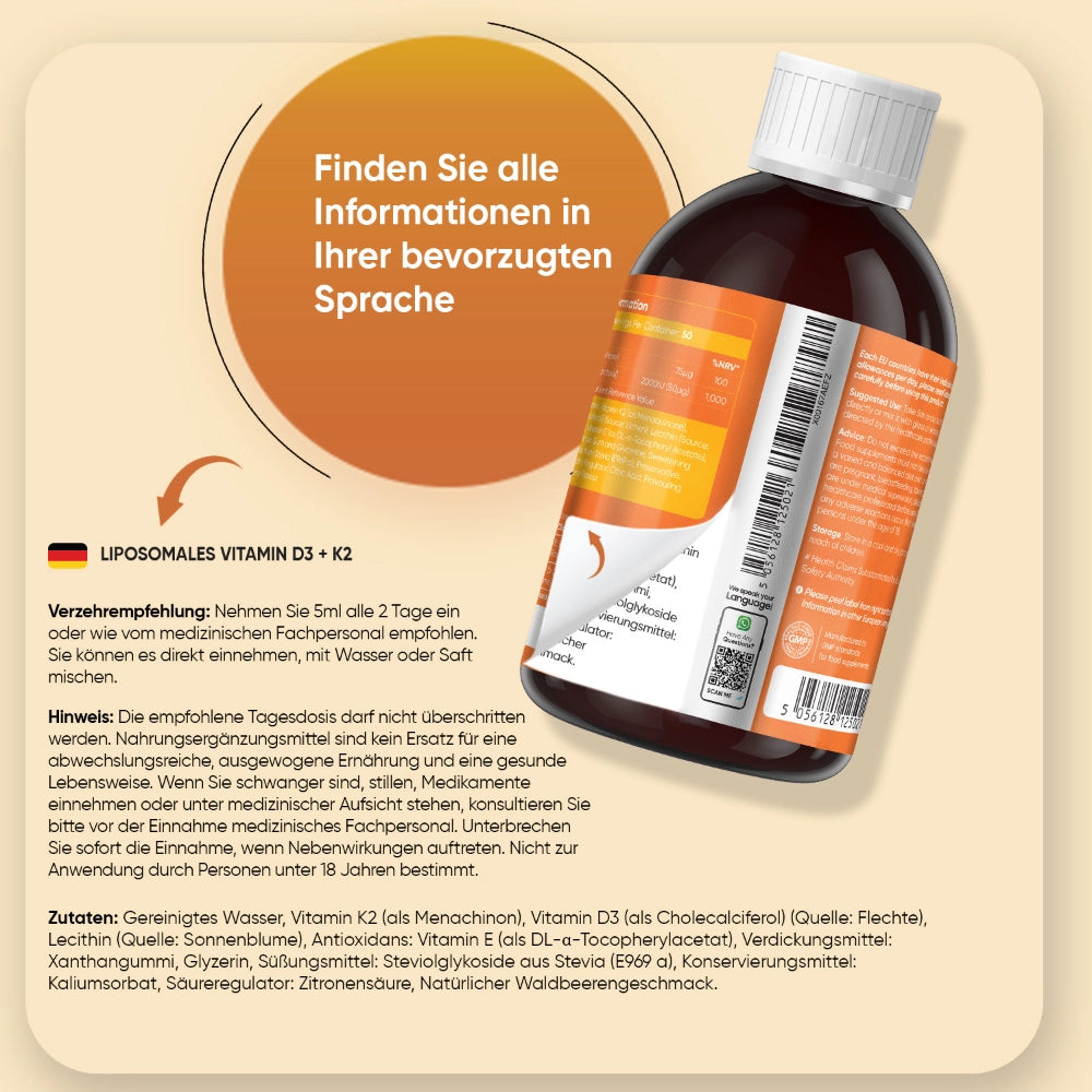 Liposomales D3+K2; Anwendung; Warnhinweise; Inhaltsstoffe