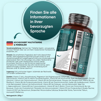 Rückseite der Tablettenflasche mit Einnahmehinweisen und Zutatenliste