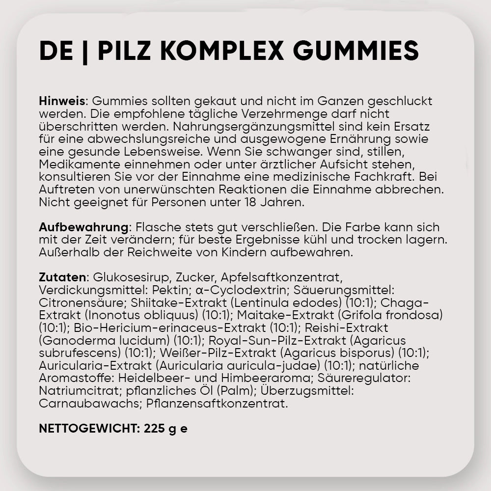 Hinweise und Zutaten für WeightWorld Pilz-Komplex-Gummibärchen auf dem Etikett