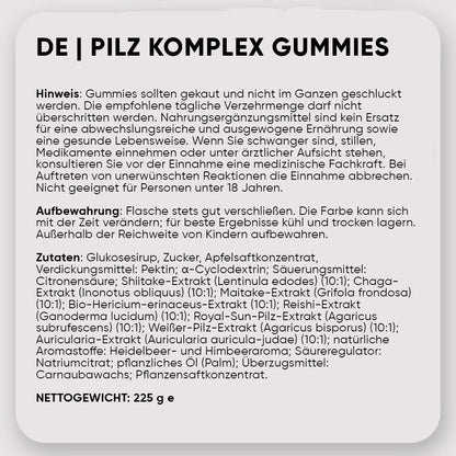 Hinweise und Zutaten für WeightWorld Pilz-Komplex-Gummibärchen auf dem Etikett