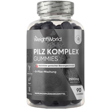 Pilz-Komplex-Gummibärchen von WeightWorld in Glasflasche, Etikett schwarz-grau