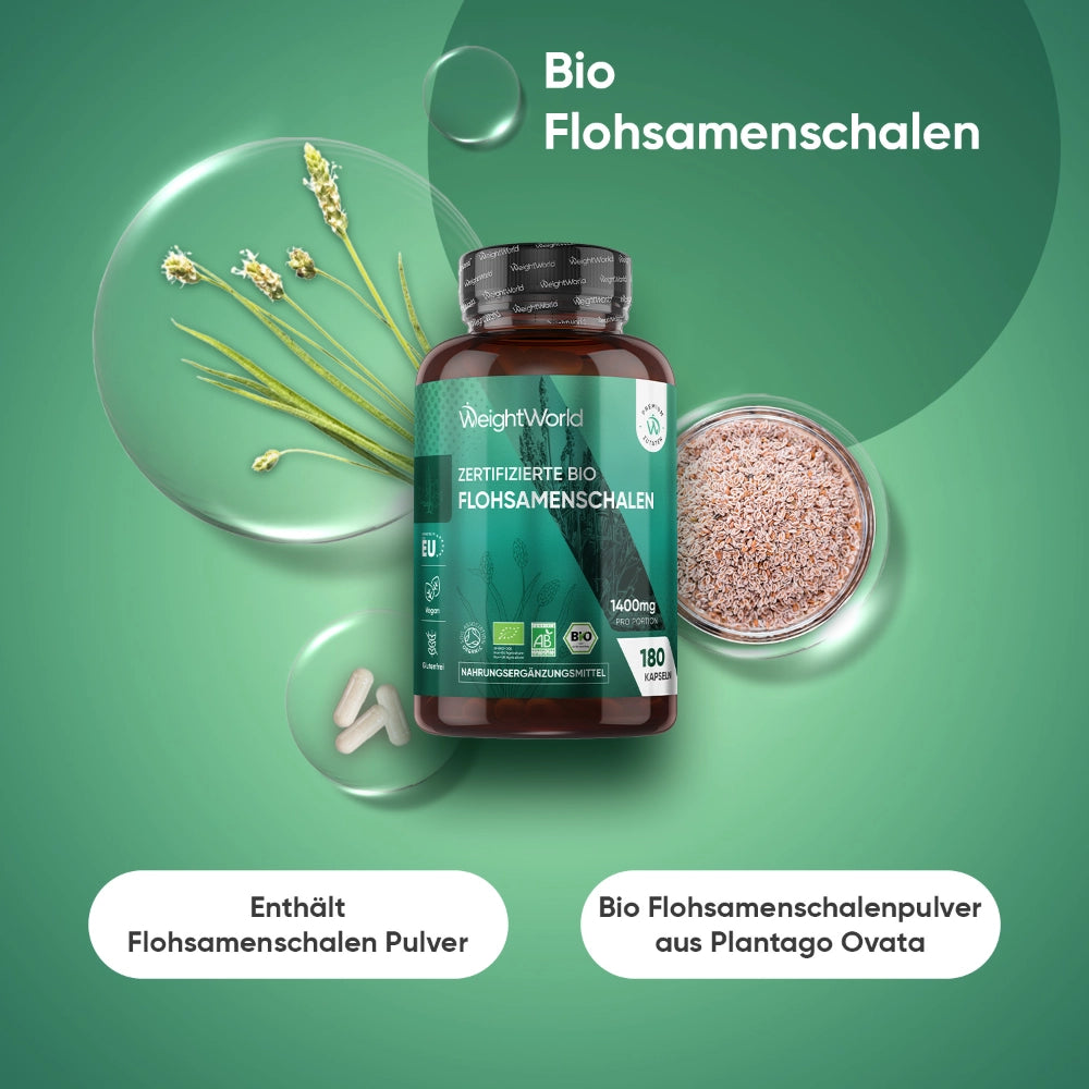 Bio-Flohsamenschalen-Kapseln mit Schale Flohsamenschalenpulver, Glasdose, 180 Kapseln