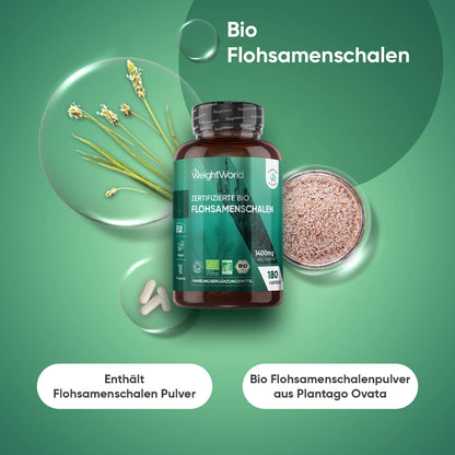 Bio-Flohsamenschalen-Kapseln mit Schale Flohsamenschalenpulver, Glasdose, 180 Kapseln