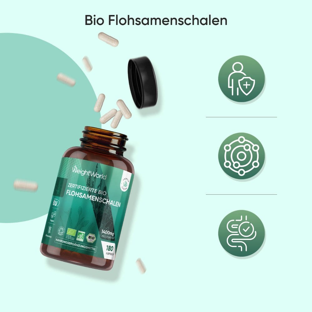 Flaschenansicht mit fliegenden Kapseln und Schriftzug „Bio Flohsamenschalen“
