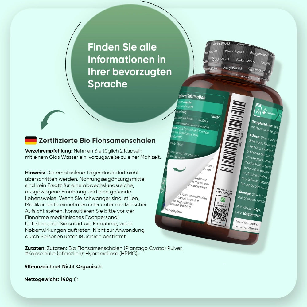Dosendeckel und Flasche neben Textbox: zertifiziert bio Flohsamenschalen, Inhalt 140 g