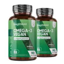 Omega-3-Vegan-Weichkapseln: zwei braune Kapselflaschen mit grünen Etiketten