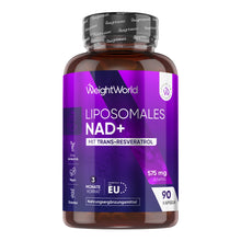 Kapseldose mit violettem Etikett: liposomales NAD+ mit Trans-Resveratrol, WeightWorld