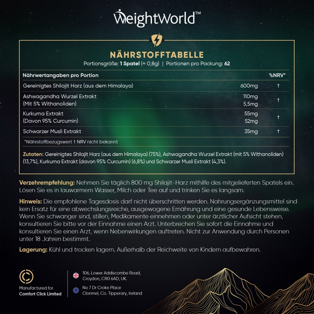 Inhaltsstoffe und Verzehrempfehlung von WeightWorld Himalaya Shilajit Resin
