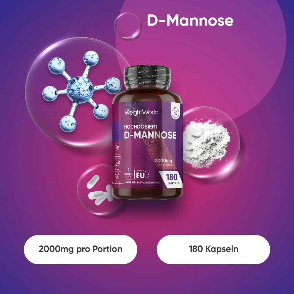 D-Mannose Kapseln im braunen Fläschchen: 2000 mg pro Portion, 180 Kapseln