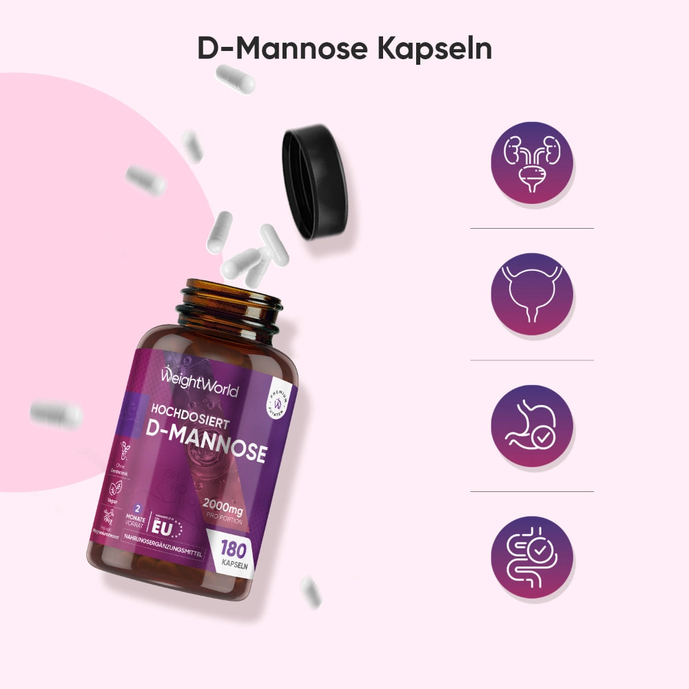 D-Mannose Kapseln-Fläschchen mit Kapseln und veganen Icons
