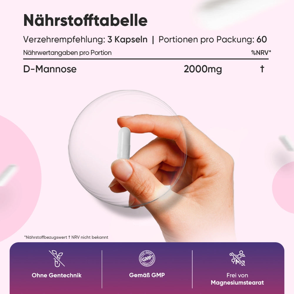 D-Mannose Kapseln mit Nährstofftabelle: 2000 mg pro Portion