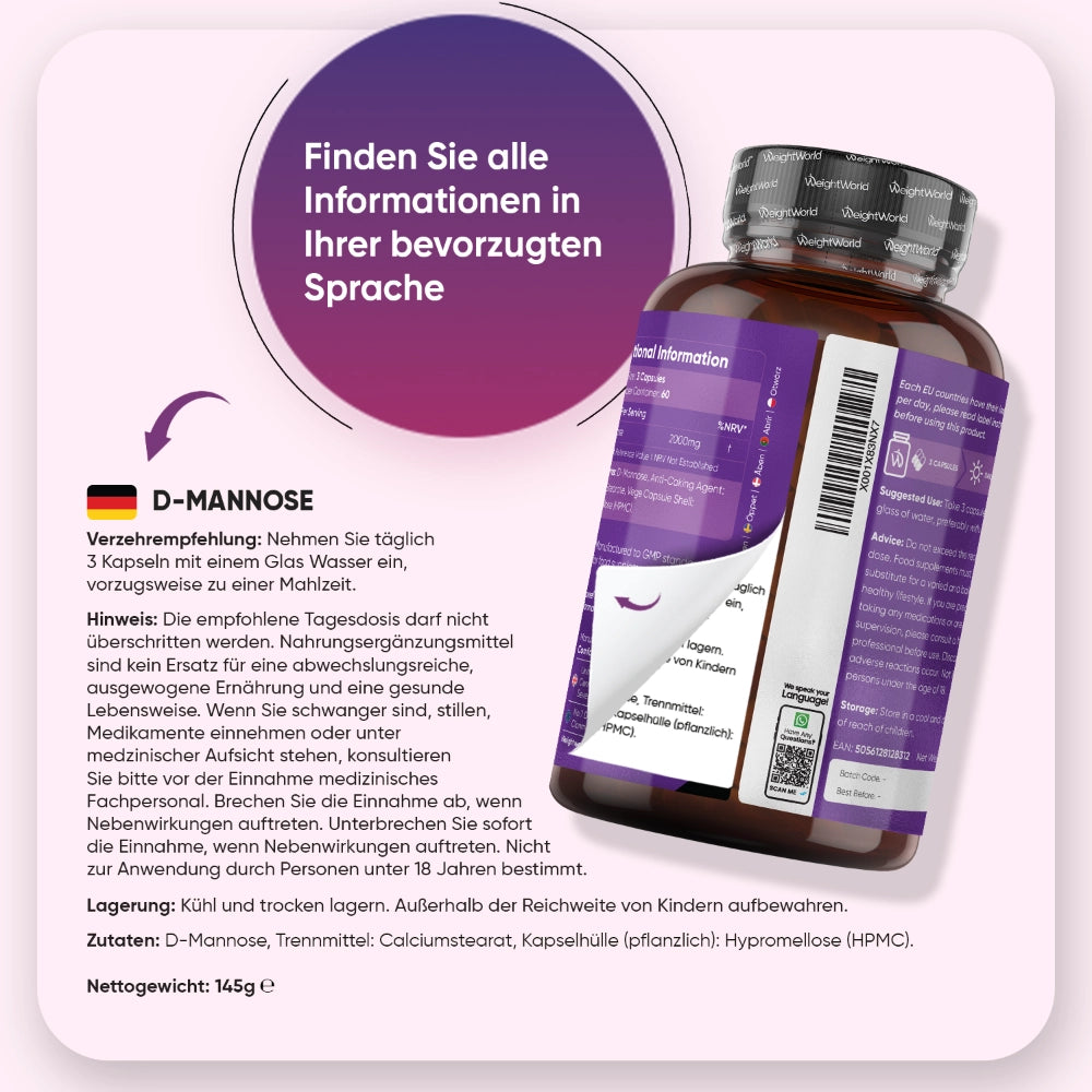 Rückseite der D-Mannose Kapseln im Fläschchen mit Anwendungshinweisen und Barcode